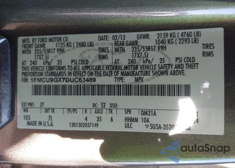 2013 Ford Escape Se из США, поврежденный, VIN 1FMCU9GX7DUC63489